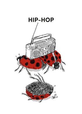 Zeichnung, Illustration von drei roten Marienkäfern die HipHop feiern und mit einem Ghettoblaster Breakdance tanzen.