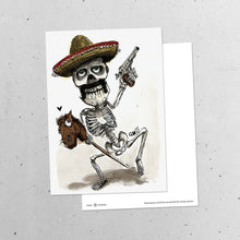 Laden Sie das Bild in den Galerie-Viewer, "¡Ay, caramba! - Revolver-Skelett mit Steckenpferd" Illustration