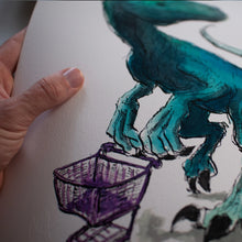 Laden Sie das Bild in den Galerie-Viewer, "Velociraptor, Shop-o-saurus mit Einkaufswagen" Illustration