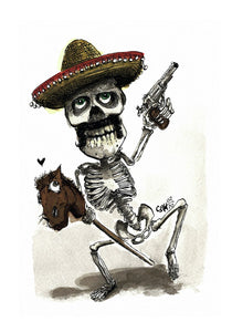 "¡Ay, caramba! - Revolver-Skelett mit Steckenpferd" Illustration