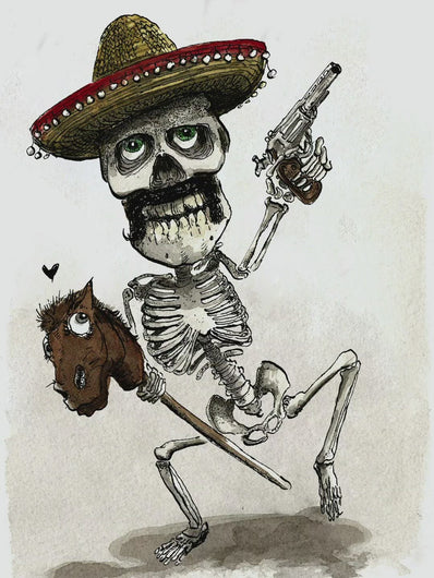 Animation eines wilden, reitenden Skelettes mit mexikanischem Sombrero und Revolver