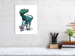 "Velociraptor, Shop-o-saurus mit Einkaufswagen" Illustration