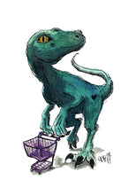 Laden Sie das Bild in den Galerie-Viewer, &quot;Velociraptor, Shop-o-saurus mit Einkaufswagen&quot; Illustration
